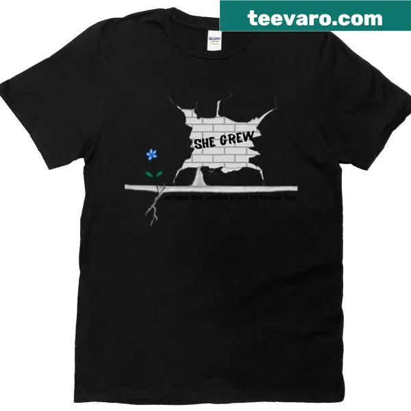 Illustration of a flower rising from ruins on a t-shirt
