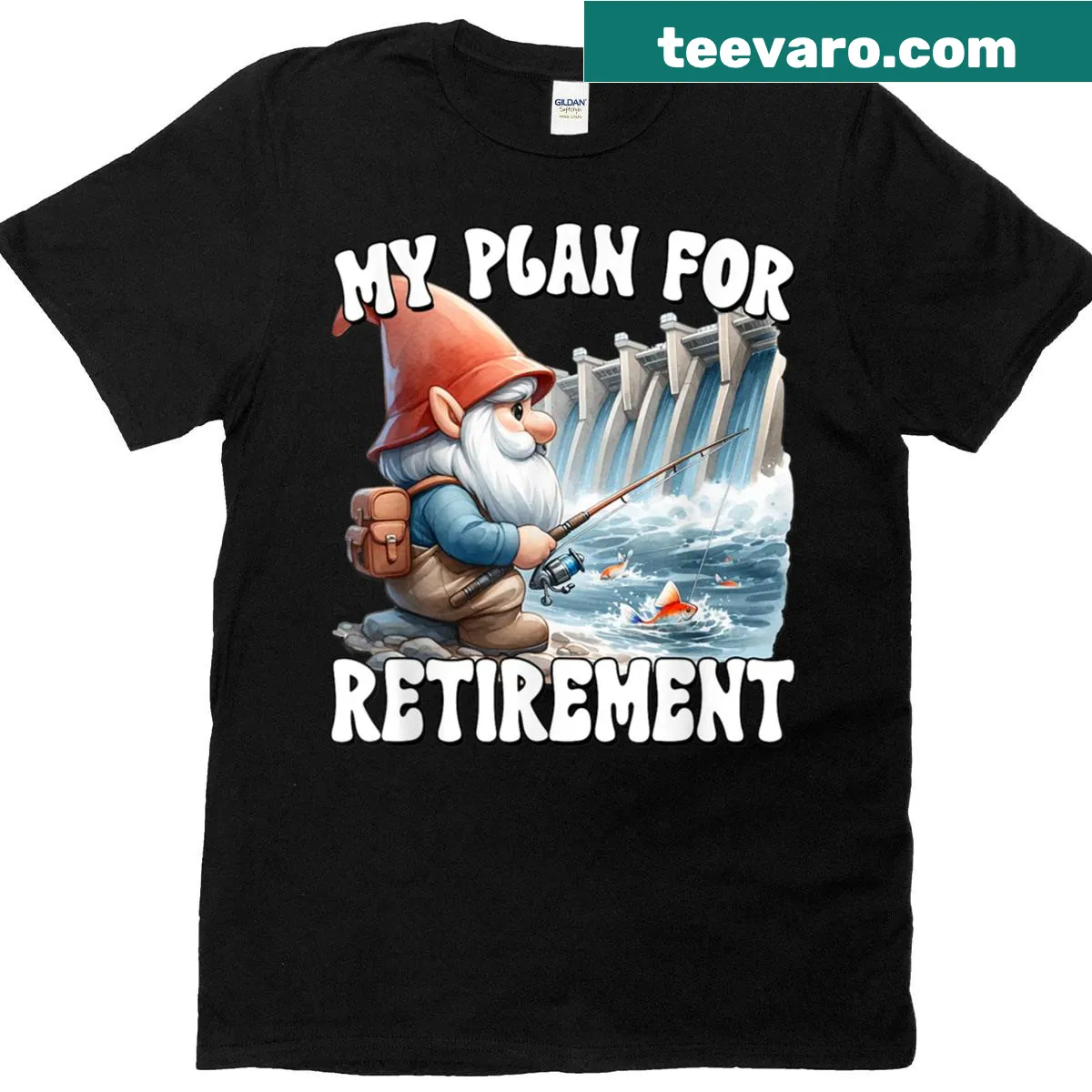 Funny retirement t-shirt with gnome graphics and fishing saying — on a men's t-shirt