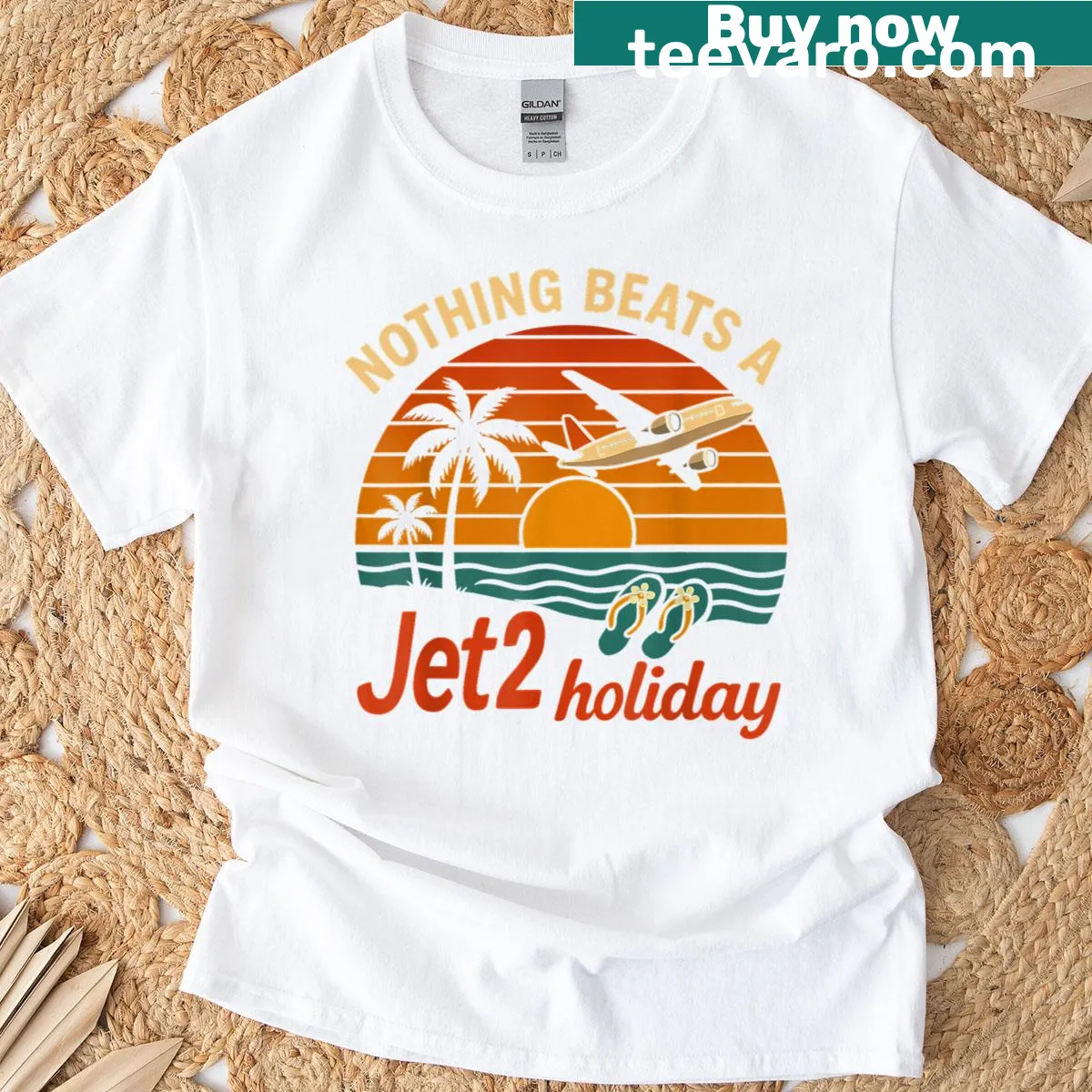 Vintage beach t-shirt with Jet2 holiday design — on a men's t-shirt