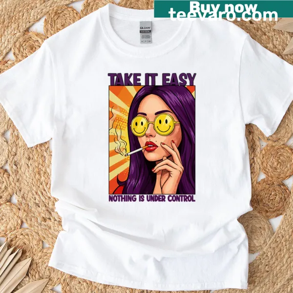 Retro pop art t-shirt with a chill girl illustration and smiley glasses