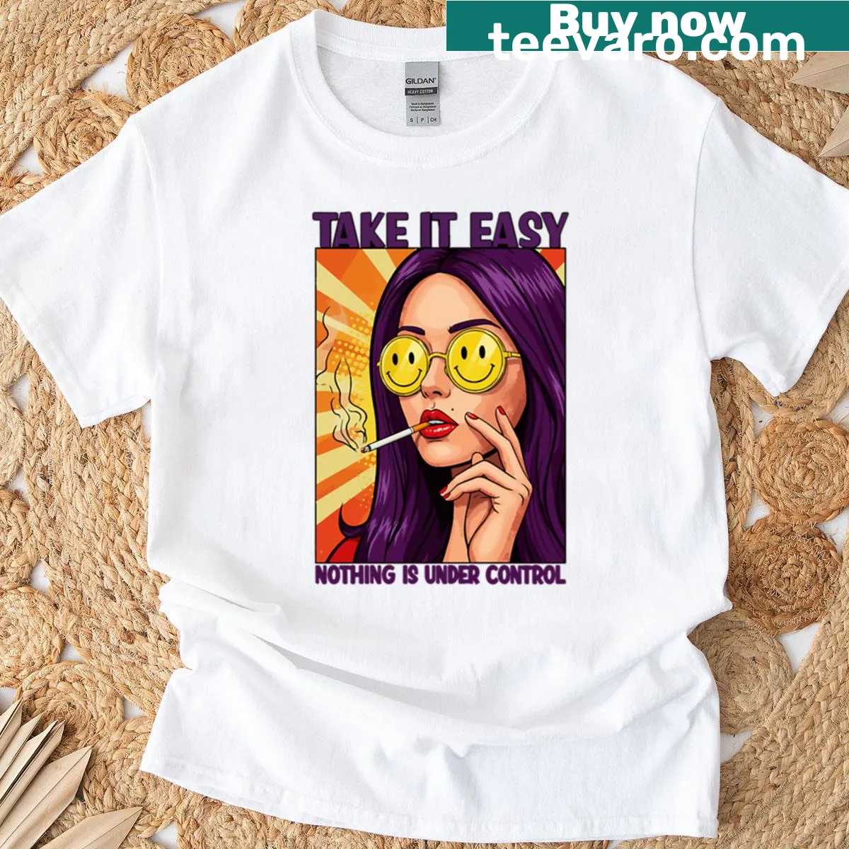 Retro pop art t-shirt with a chill girl illustration and smiley glasses — on a men's t-shirt