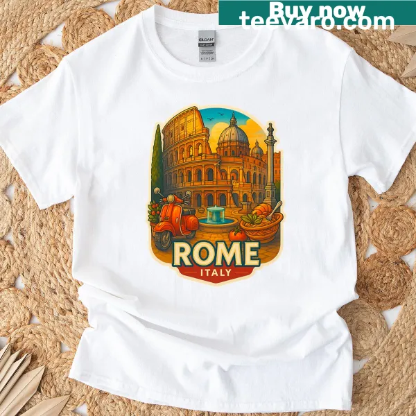 Rome Travel Sticker Design T-shirt featuring travel-themed artwork