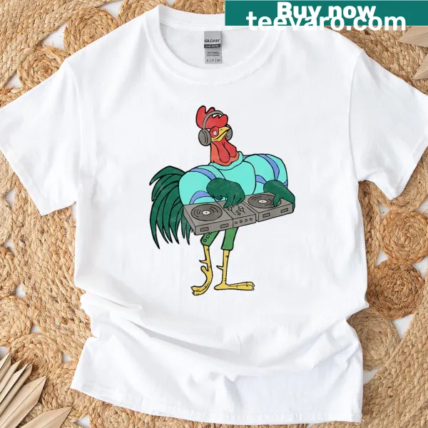 Cartoon DJ rooster with turntables on a distressed T-shirt.