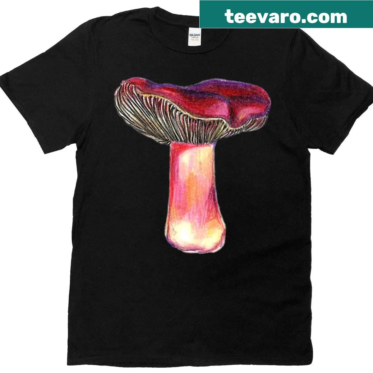 T-shirt featuring a realistic illustration of the Russula Xerampelina mushroom — on a men's t-shirt