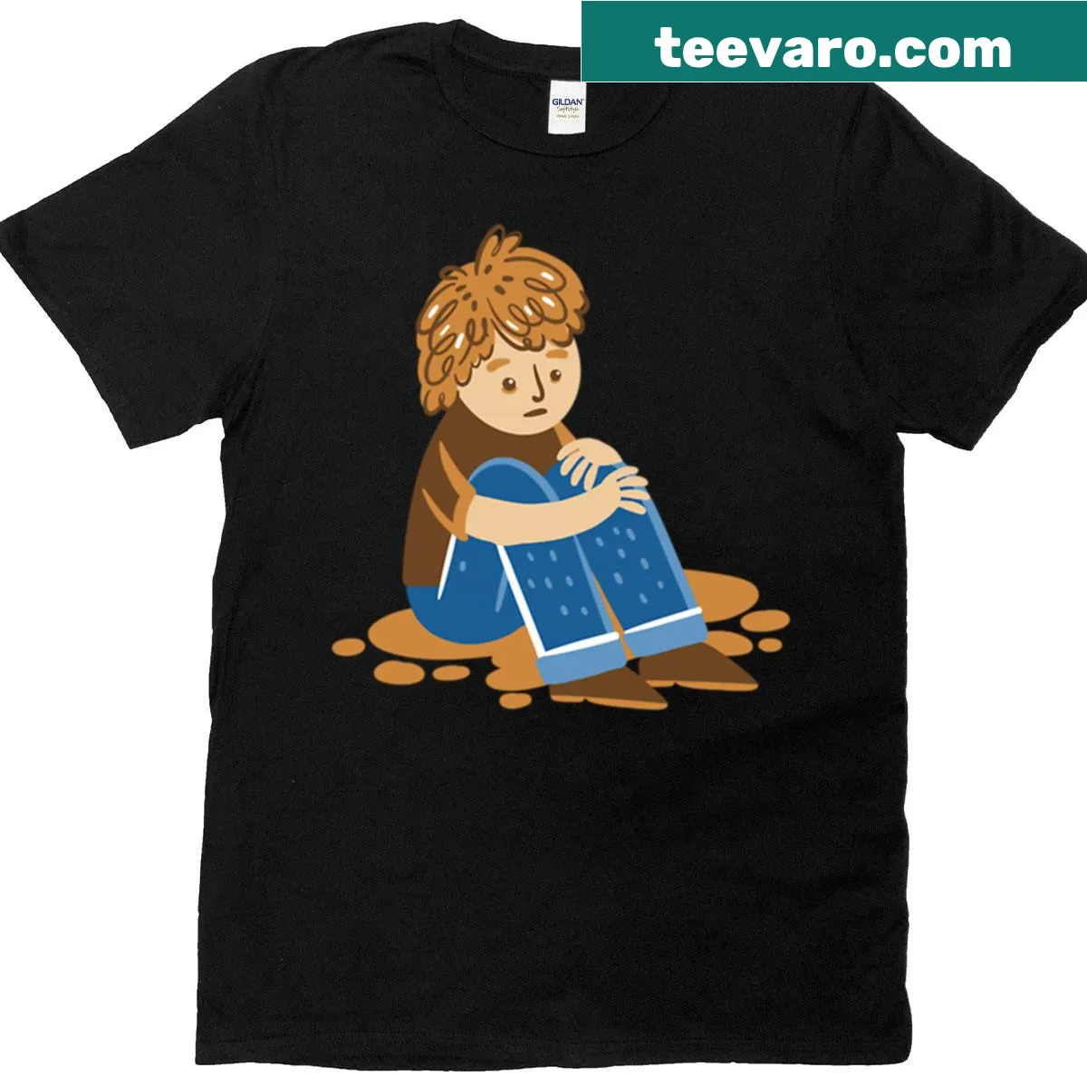 Graphic of a sitting sad kid on a T-shirt — on a men's t-shirt