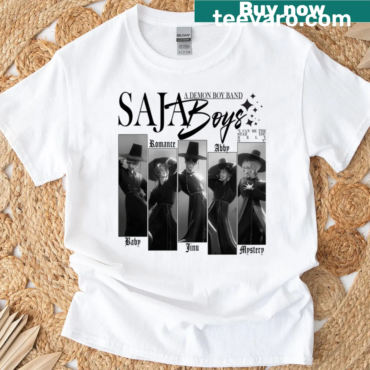 Graphic of Saja Boys, a fictional demon boy band — on a men's t-shirt