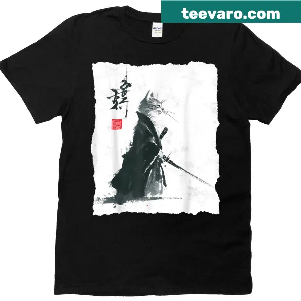Ink art graphic of a samurai cat on a T-shirt