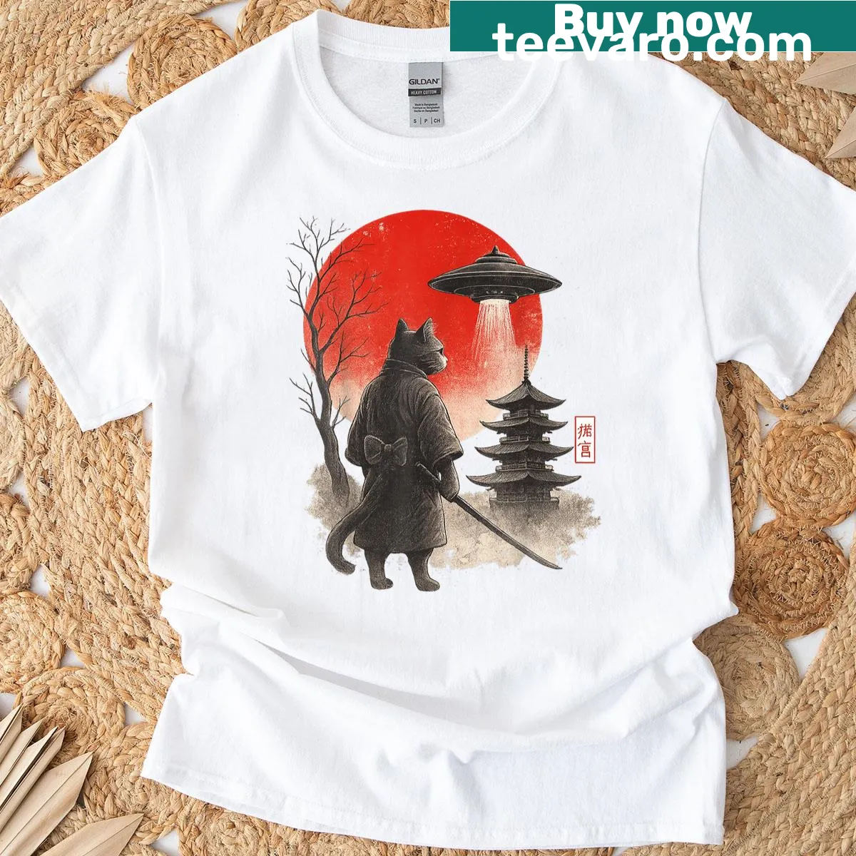 Cartoon cat T-shirt featuring a ninja samurai and UFO theme — on a men's t-shirt