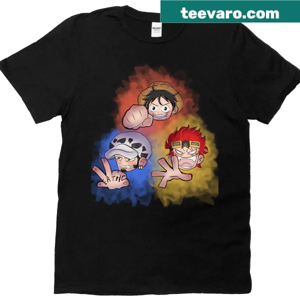 Playful doodle T-shirt featuring three cartoon characters