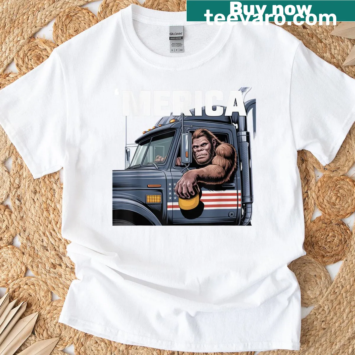 Bigfoot driving a semi truck design — on a men's t-shirt