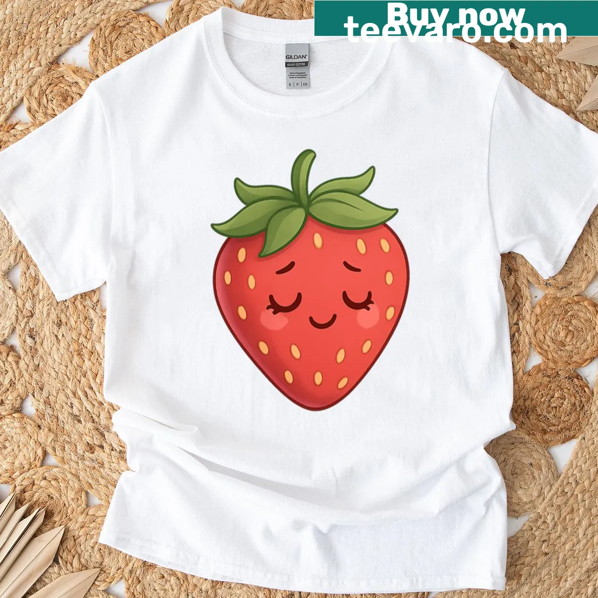 Cute kawaii strawberry character on t-shirt — on a men's t-shirt