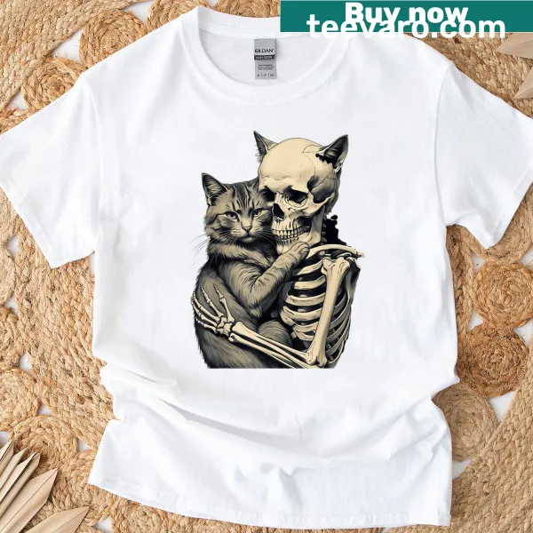 Halloween tee with skeleton hugging a cat design