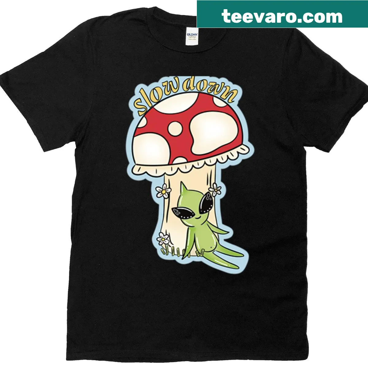 Cartoon of an alien and a mushroom with the word Slowdown — on a men's t-shirt