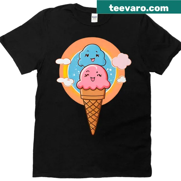 Illustrated T-shirt with smiling ice creams against a sunny sky