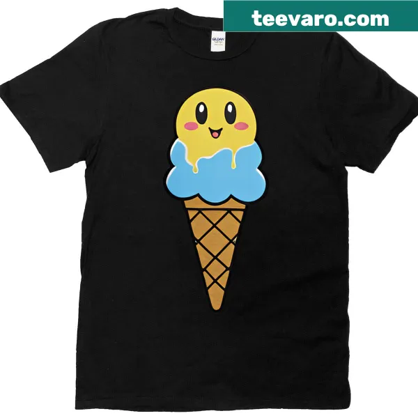 Kawaii ice cream character in blue and yellow on a t-shirt