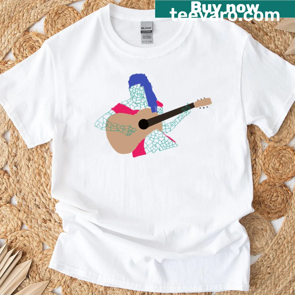 Illustration of a songstress playing guitar on a t-shirt — on a men's t-shirt