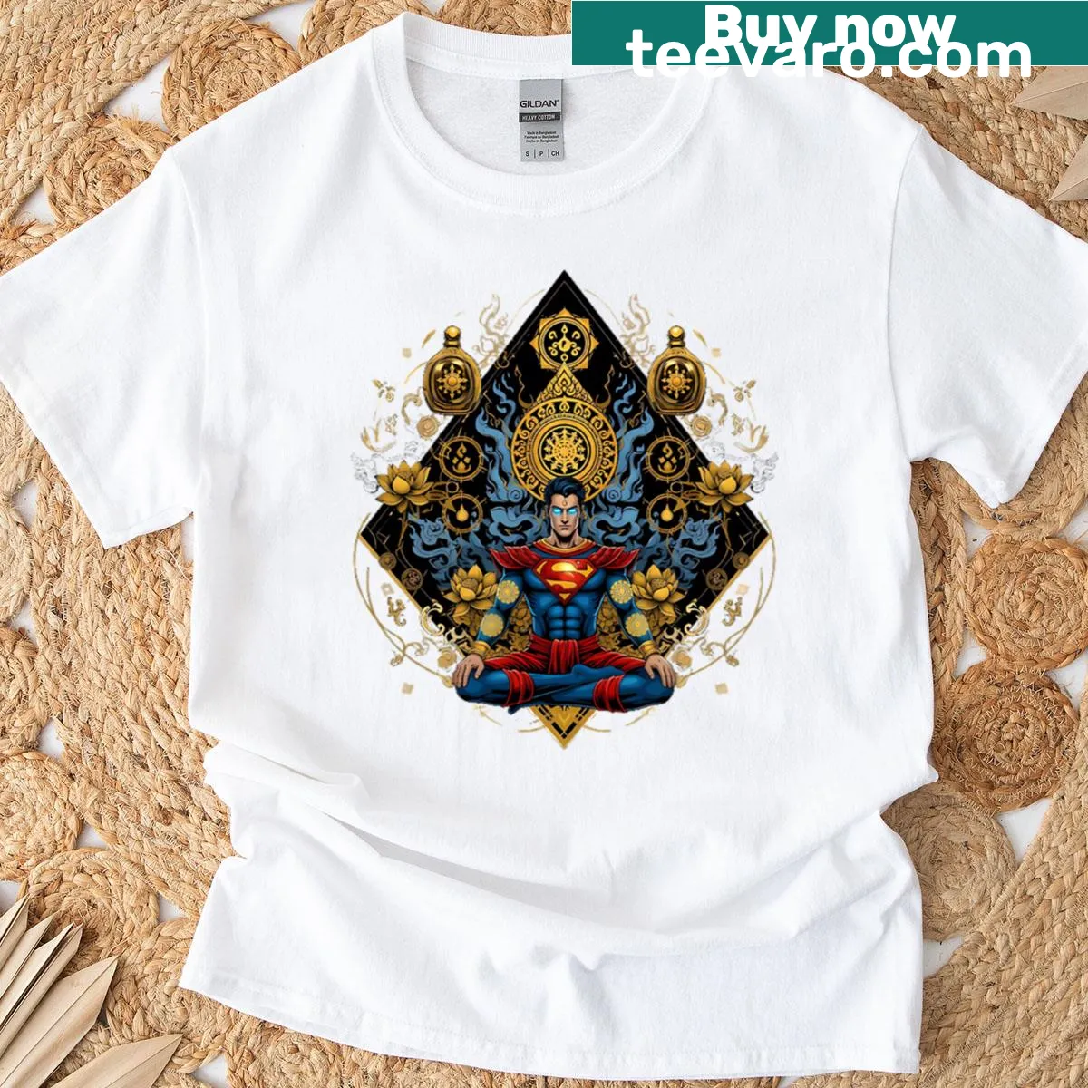 Illustrative T-shirt featuring a Thai amulet design for spiritual strength — on a men's t-shirt