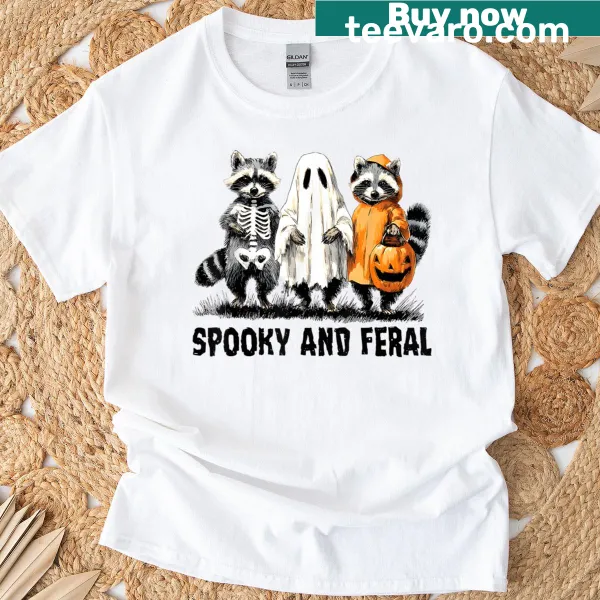 Funny Halloween T-shirt featuring a cartoon raccoon