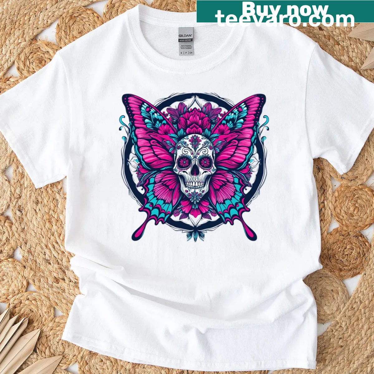 Sugar Skull Butterfly Day Of The Dead T-shirt with intricate design — on a men's t-shirt