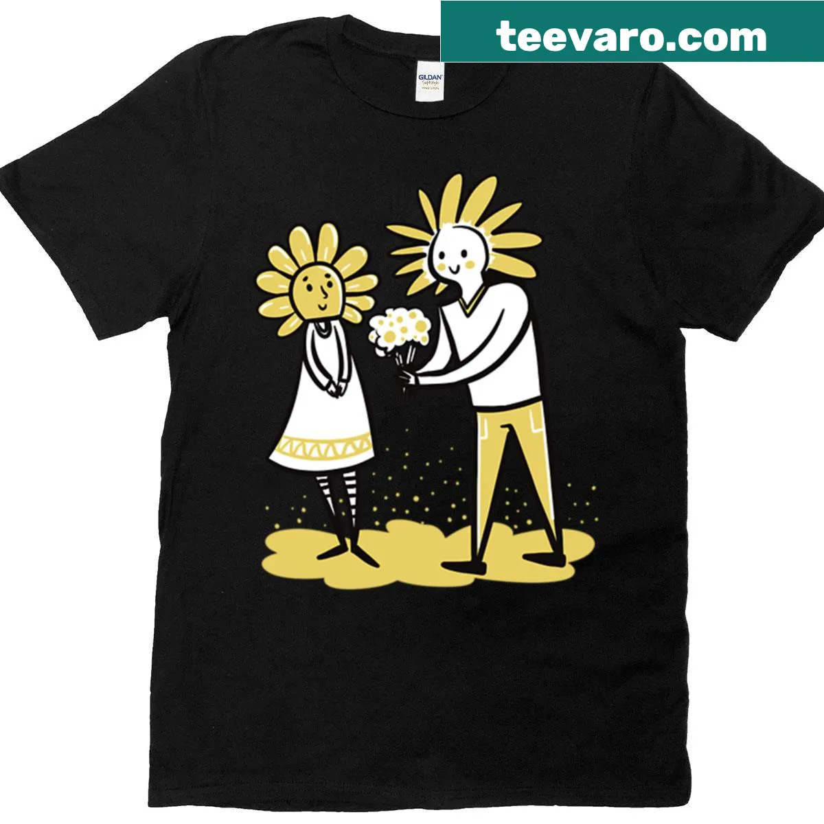 Illustration of a man giving a sunflower to a woman on T-shirt — on a men's t-shirt