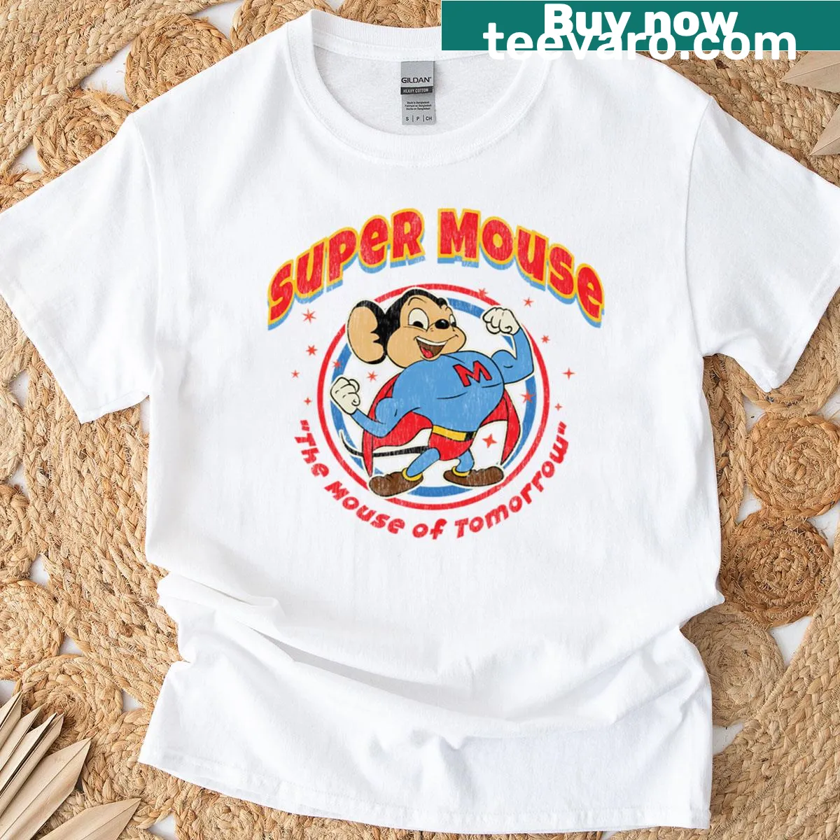 Cartoon mouse design on a worn-style T-shirt — on a men's t-shirt