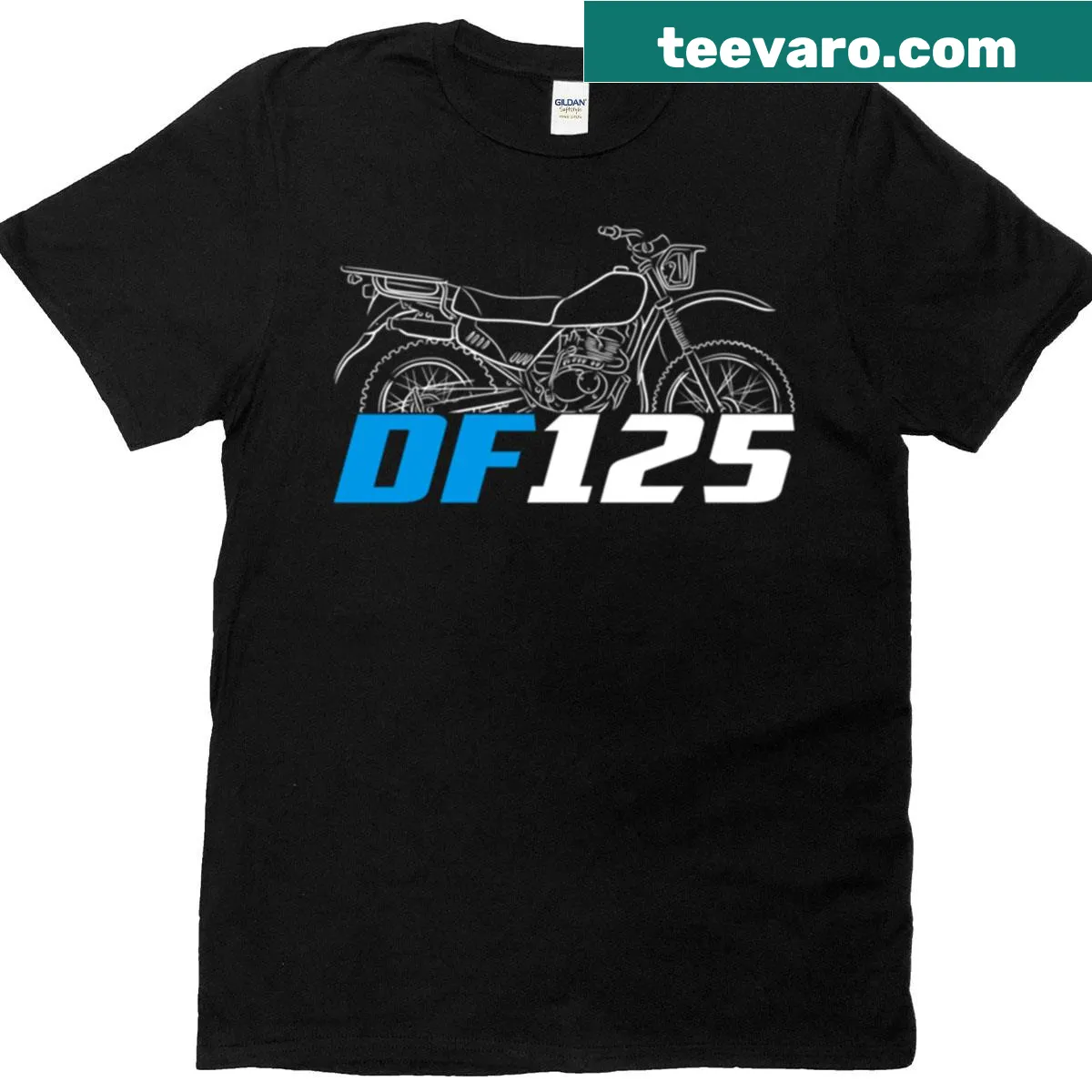 Badge-style graphic honoring Suzuki DF125 motorcycle on T-shirt — on a men's t-shirt