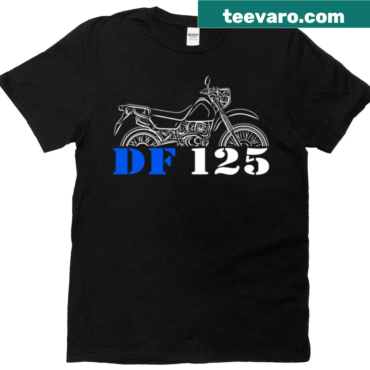 Illustrative motorcycle shirt featuring Suzuki DF125E — on a men's t-shirt