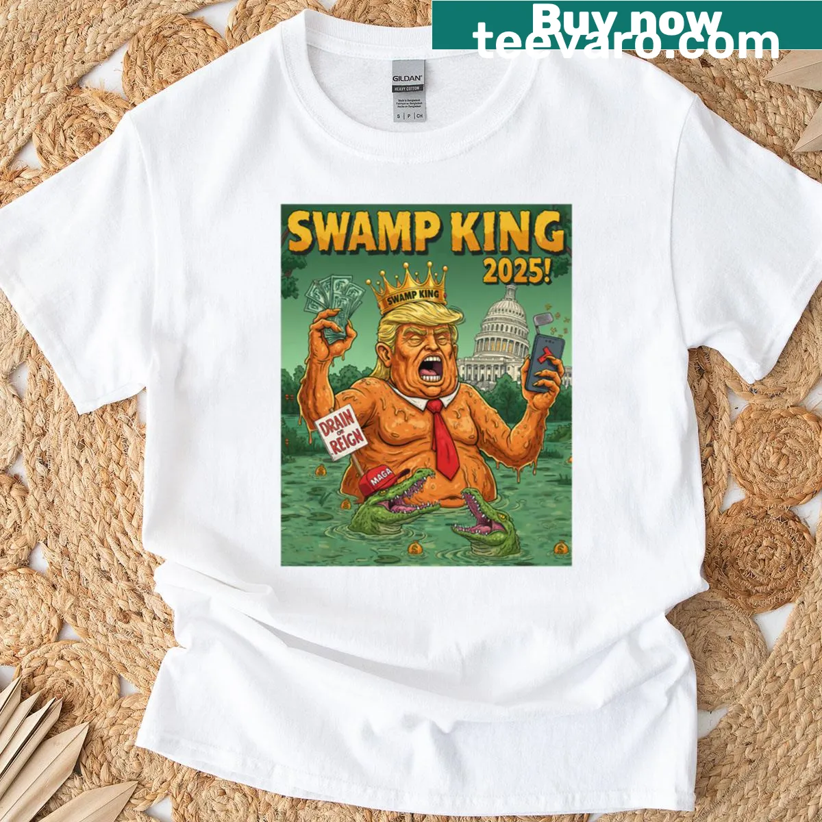 Cartoon parody Swamp King t-shirt with humorous political theme — on a men's t-shirt