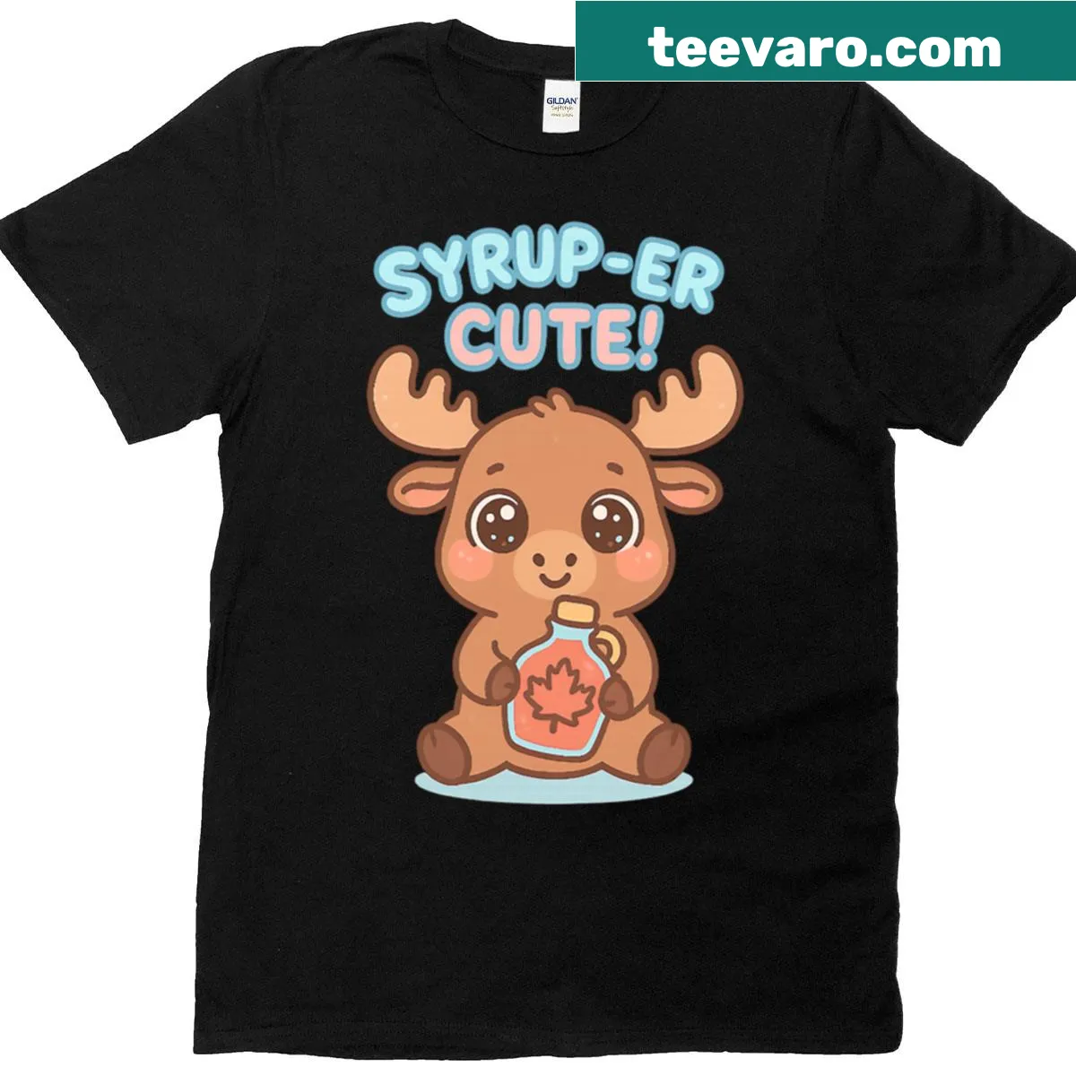 Kawaii moose pouring maple syrup on a T-shirt — on a men's t-shirt