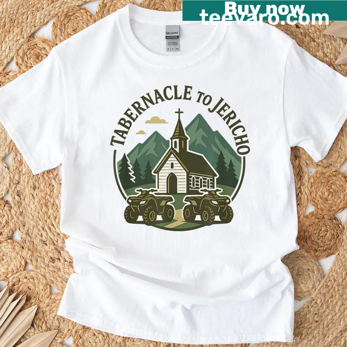 Illustrative T-shirt depicting the Tabernacle to Jericho story — on a men's t-shirt