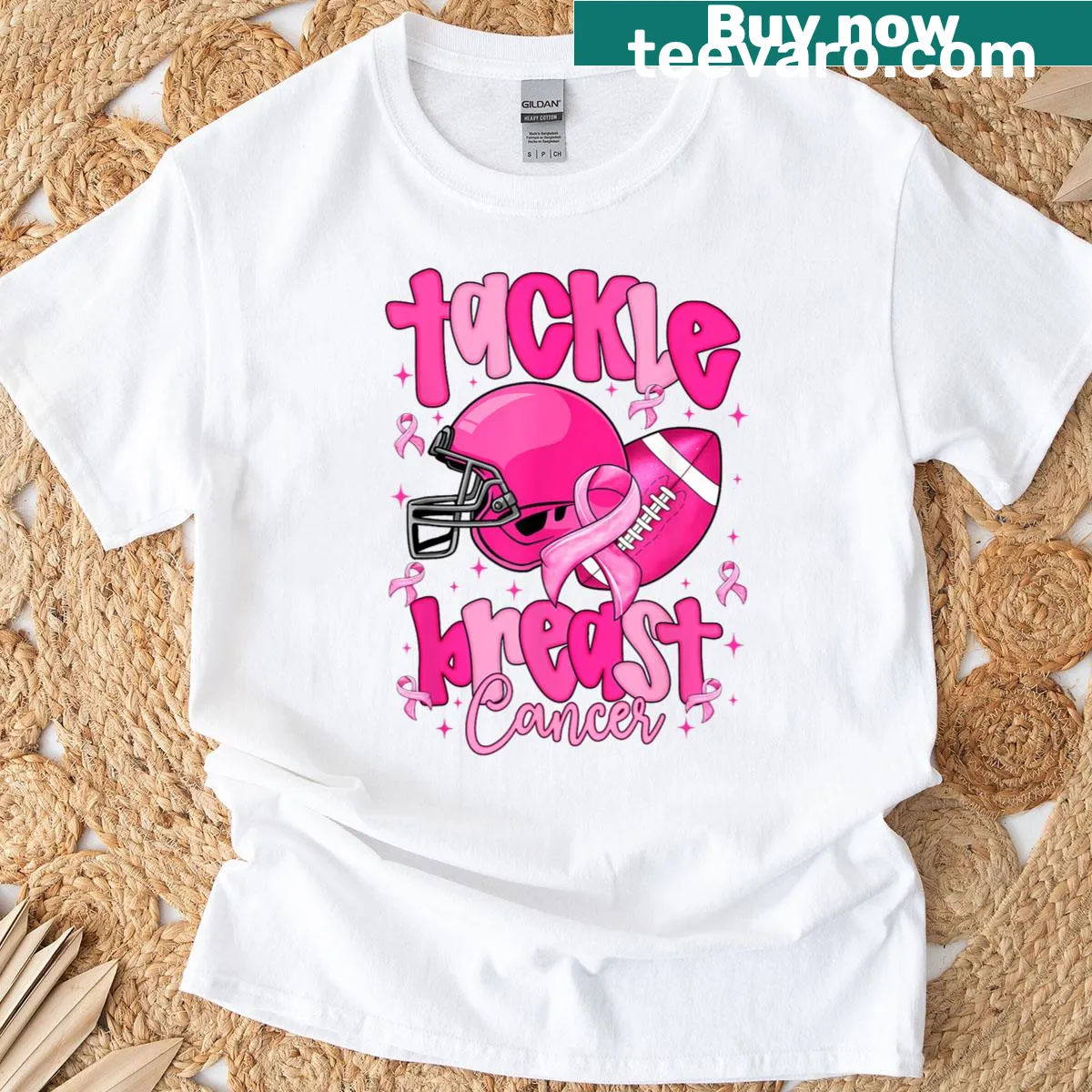 T-shirt with pink ribbon and football design for breast cancer awareness — on a men's t-shirt