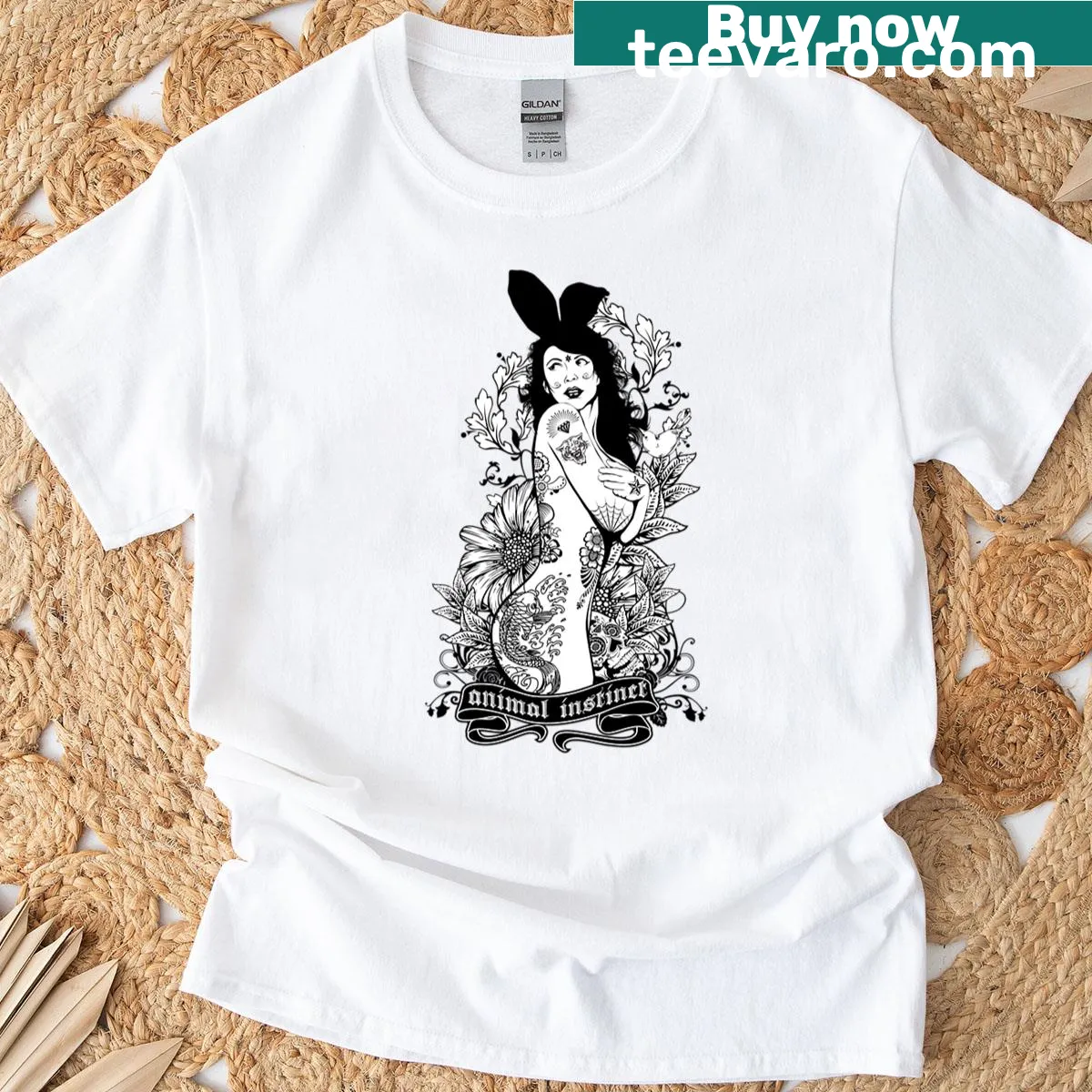 Tattoo art T-shirt with a pinup design featuring skull and koi fish — on a men's t-shirt