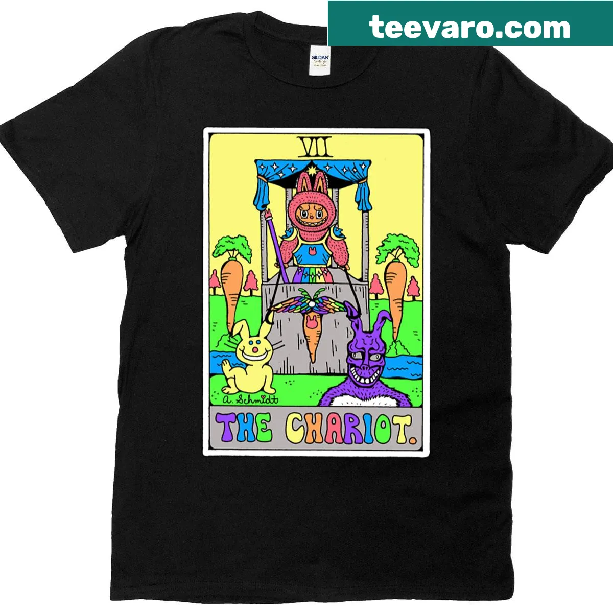 Original art T-shirt featuring creepy cute bunny rabbits inspired by tarot imagery. — on a men's t-shirt