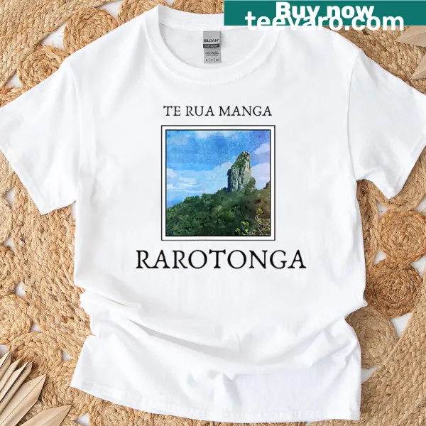 Silhouette T-shirt featuring Rarotonga's Needle landmark.