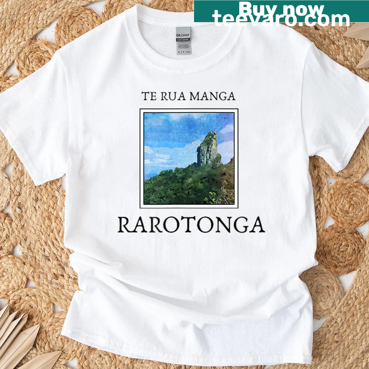 Silhouette T-shirt featuring Rarotonga's Needle landmark. — on a men's t-shirt