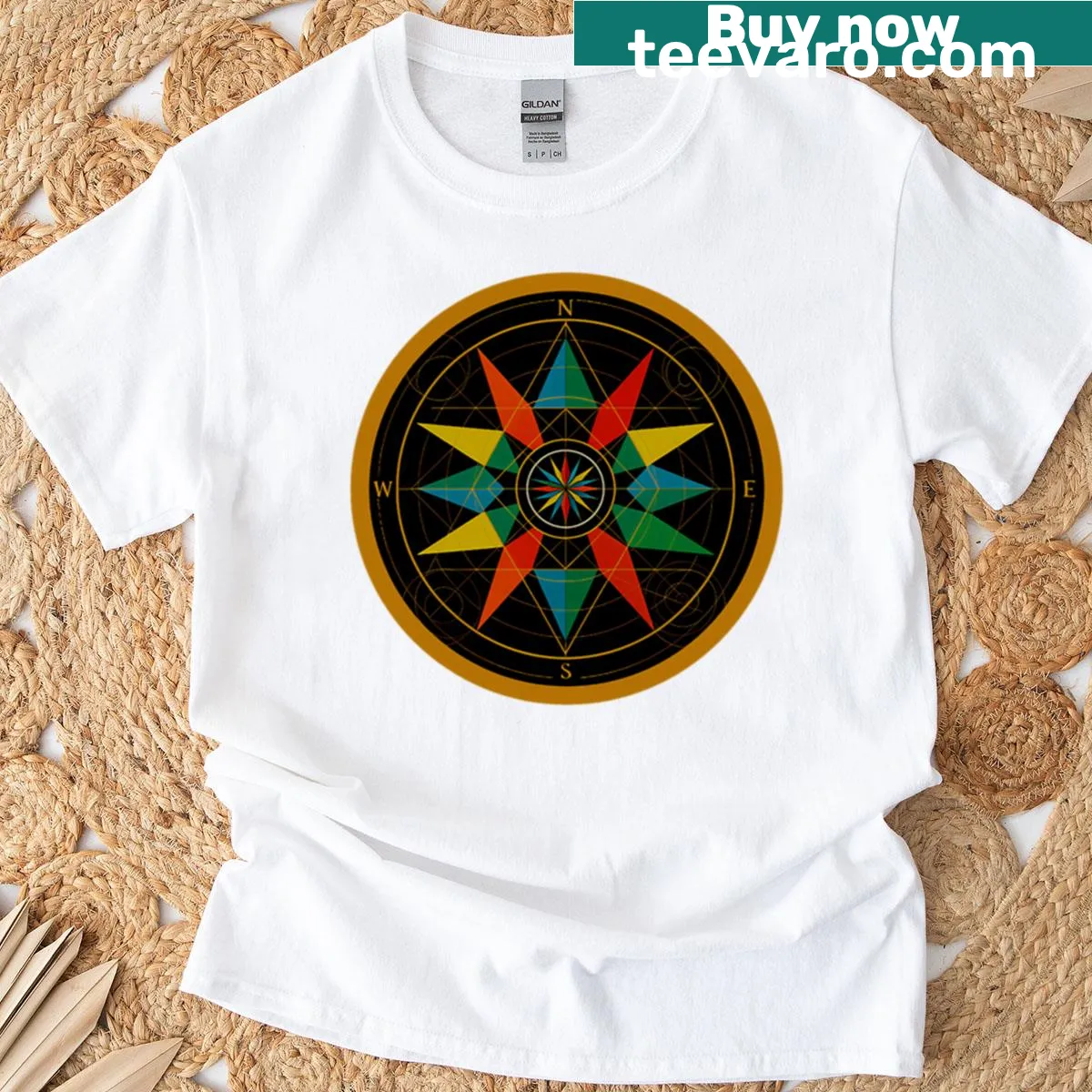 Mandala graphic T-shirt featuring a throne compass design — on a men's t-shirt