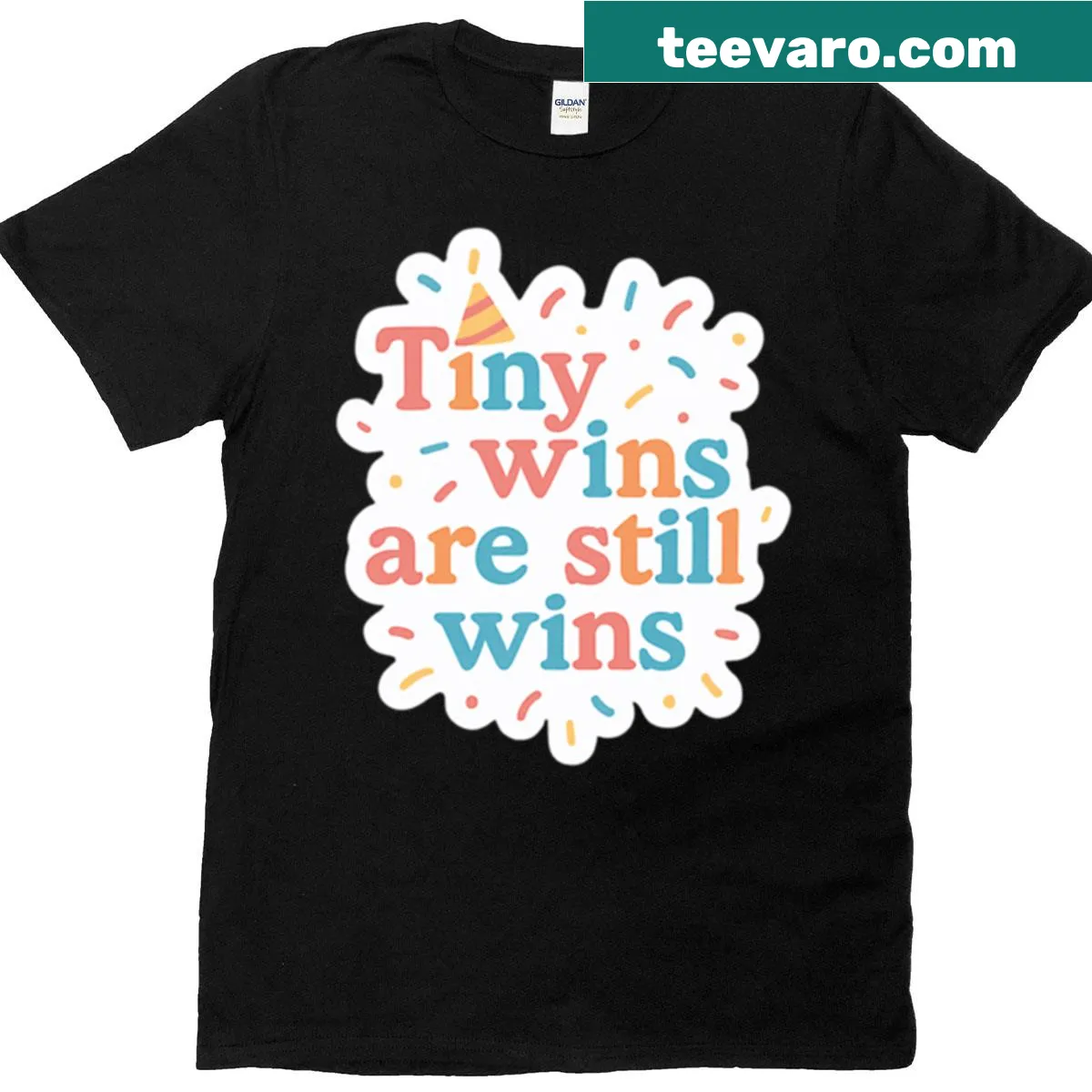 Motivational text about tiny wins on a casual t-shirt — on a men's t-shirt