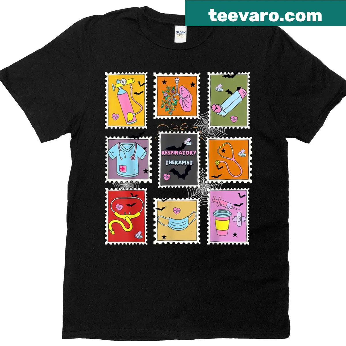 Postage stamp graphic with 'Trach Or Treat' text for nurses — on a men's t-shirt