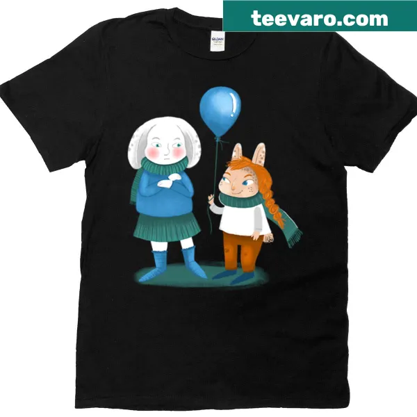 Cartoon graphic of two rabbits holding a balloon on T-shirt