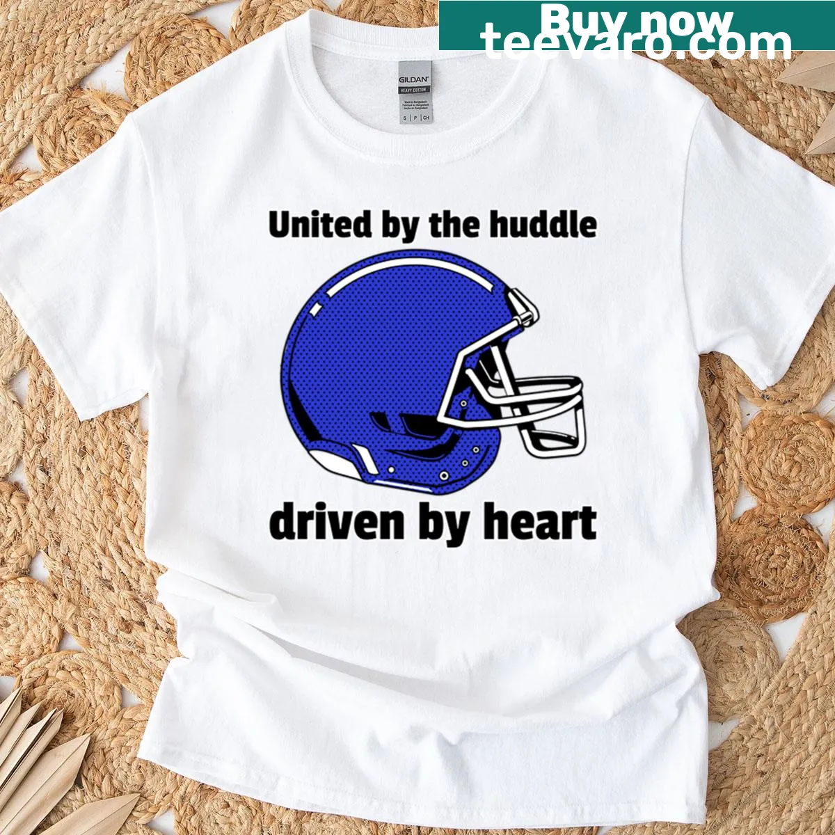 Team spirit T-shirt with 'United By The Huddle' text design — on a men's t-shirt