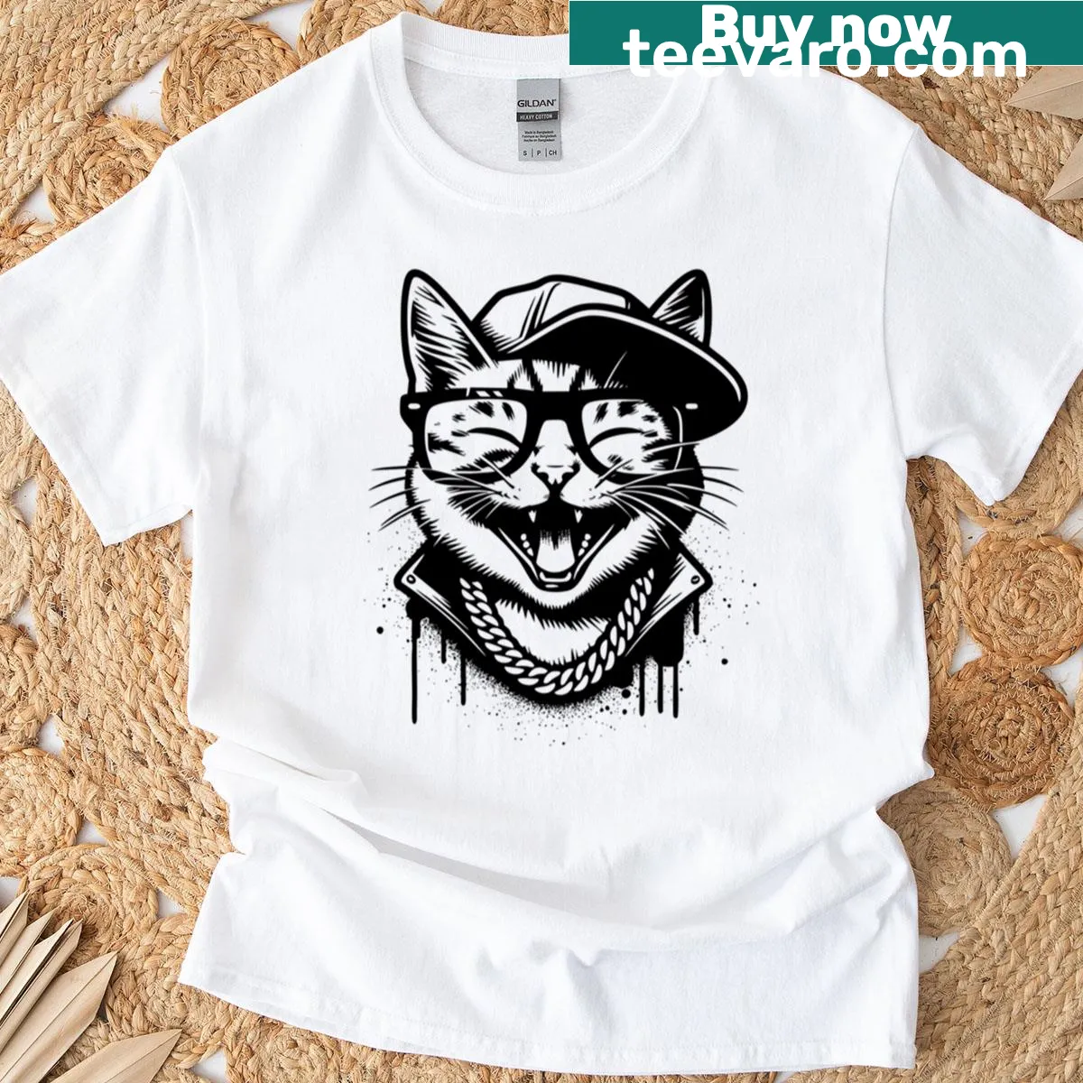 Playful urban kitty graphic on a hip hop-themed t-shirt — on a men's t-shirt