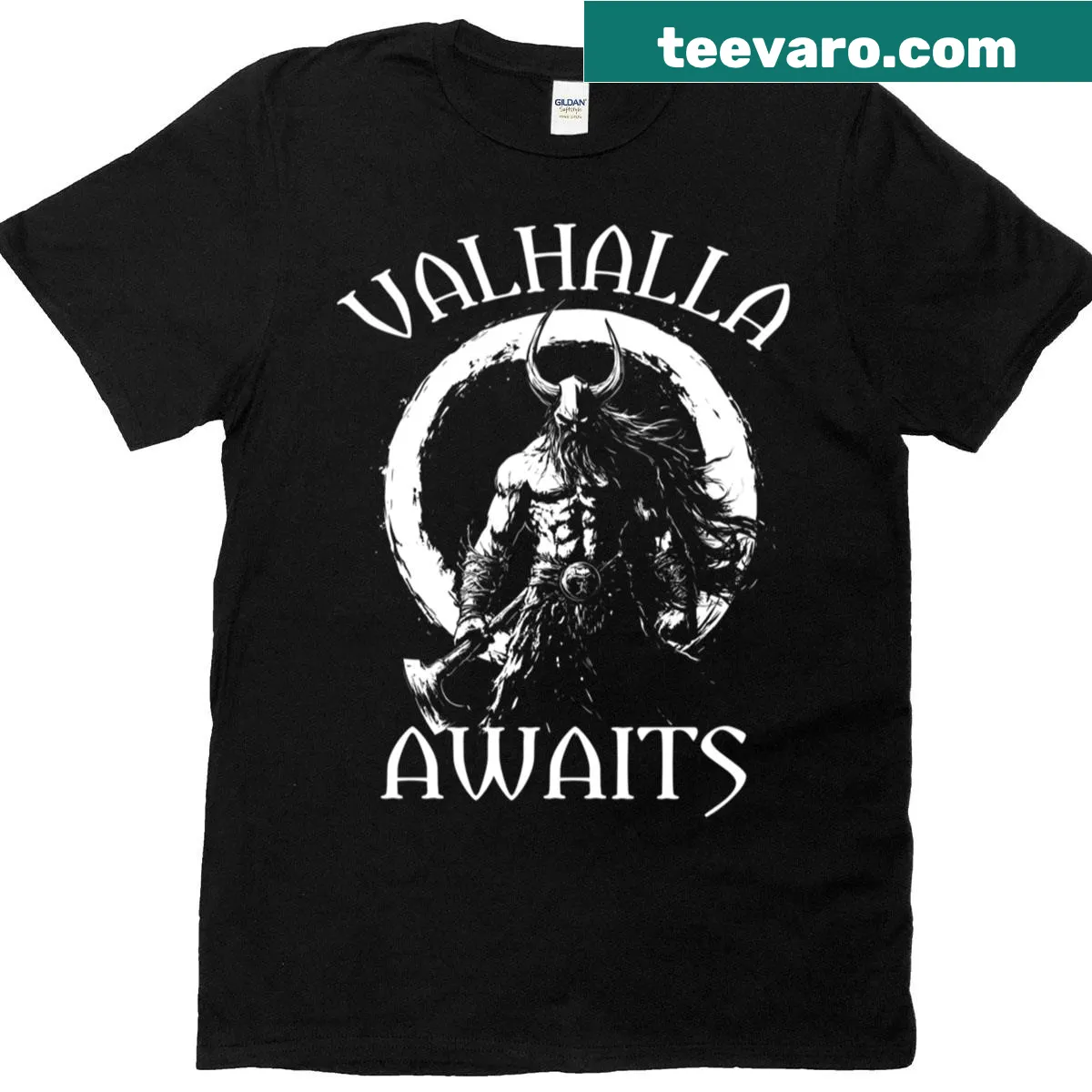 Viking-themed shirt with Valhalla Awaits text — on a men's t-shirt