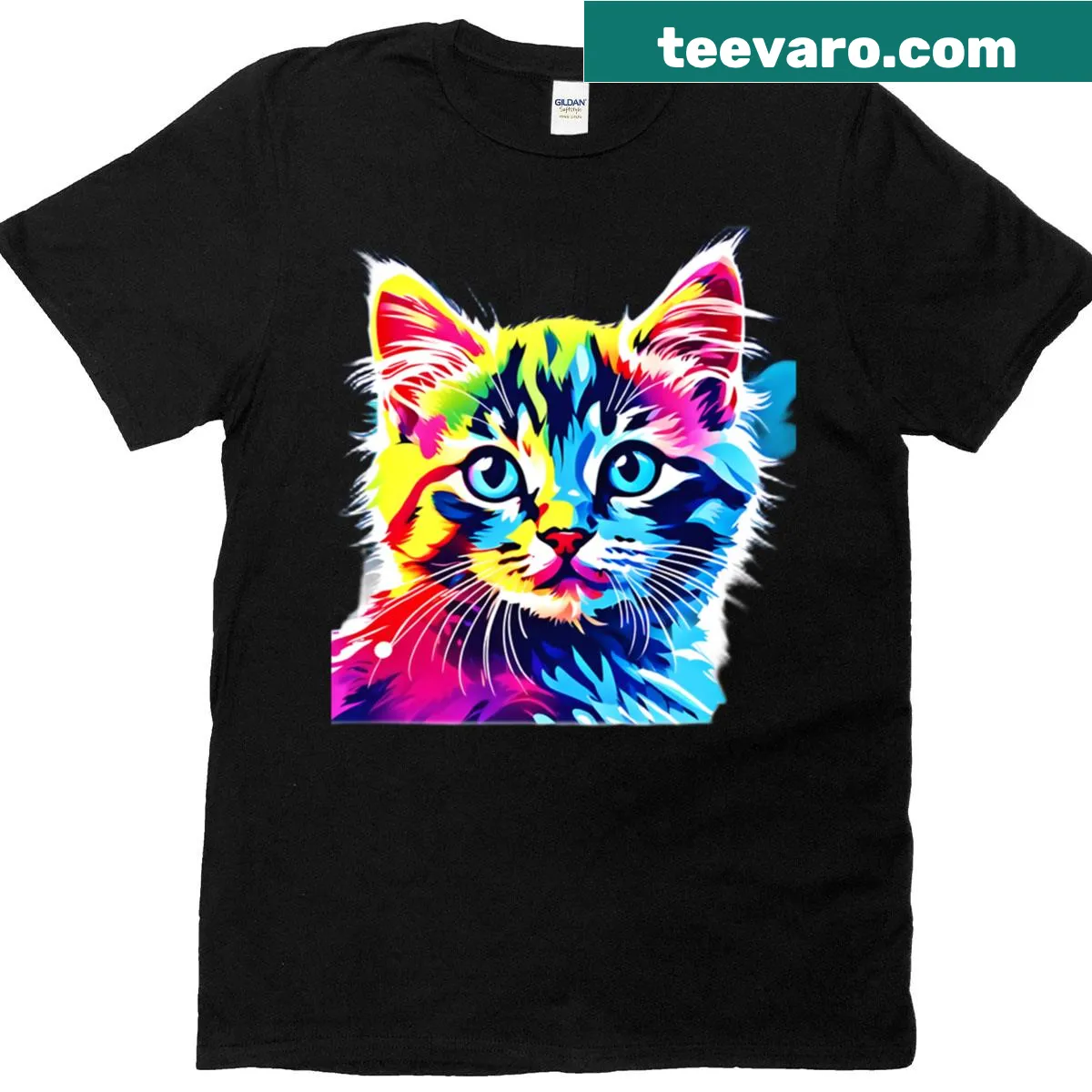Pop art T-shirt featuring a vibrant cat portrait — on a men's t-shirt