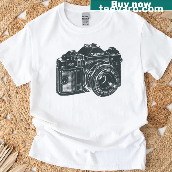 Vintage illustration of a Canon A-1 film camera on a T-shirt.
