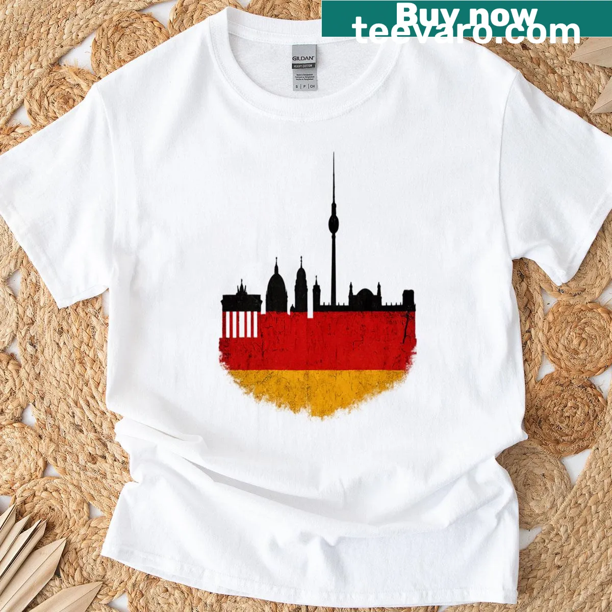 Vintage Berlin skyline design with German flag on T-shirt — on a men's t-shirt