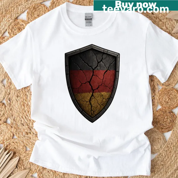 Distressed German flag and broken shield graphic on T-shirt