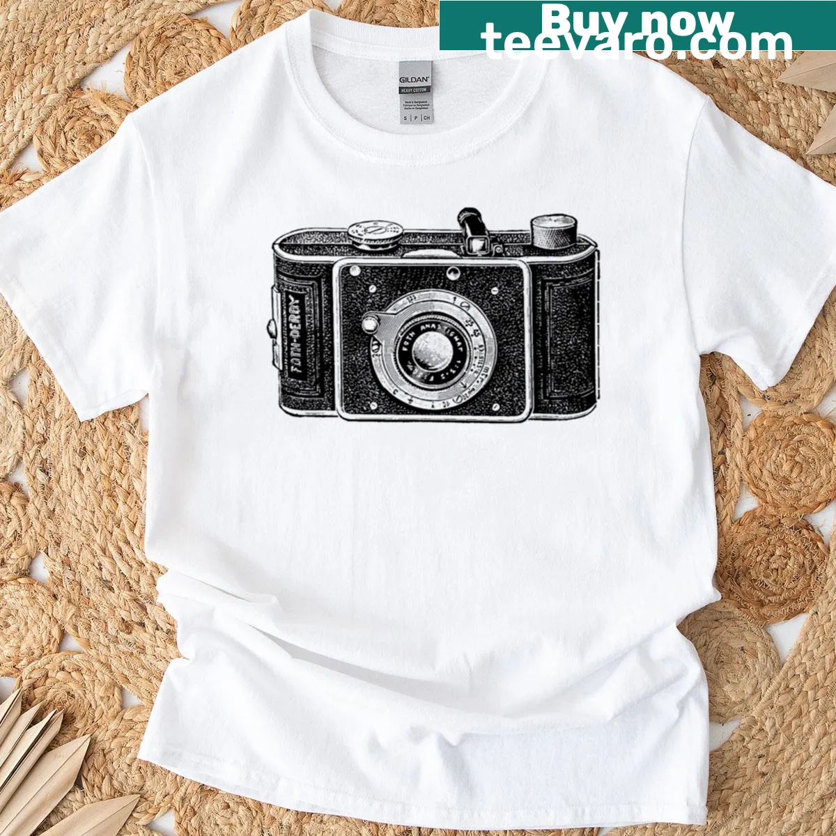 Vintage camera design graphic on T-shirt — on a men's t-shirt