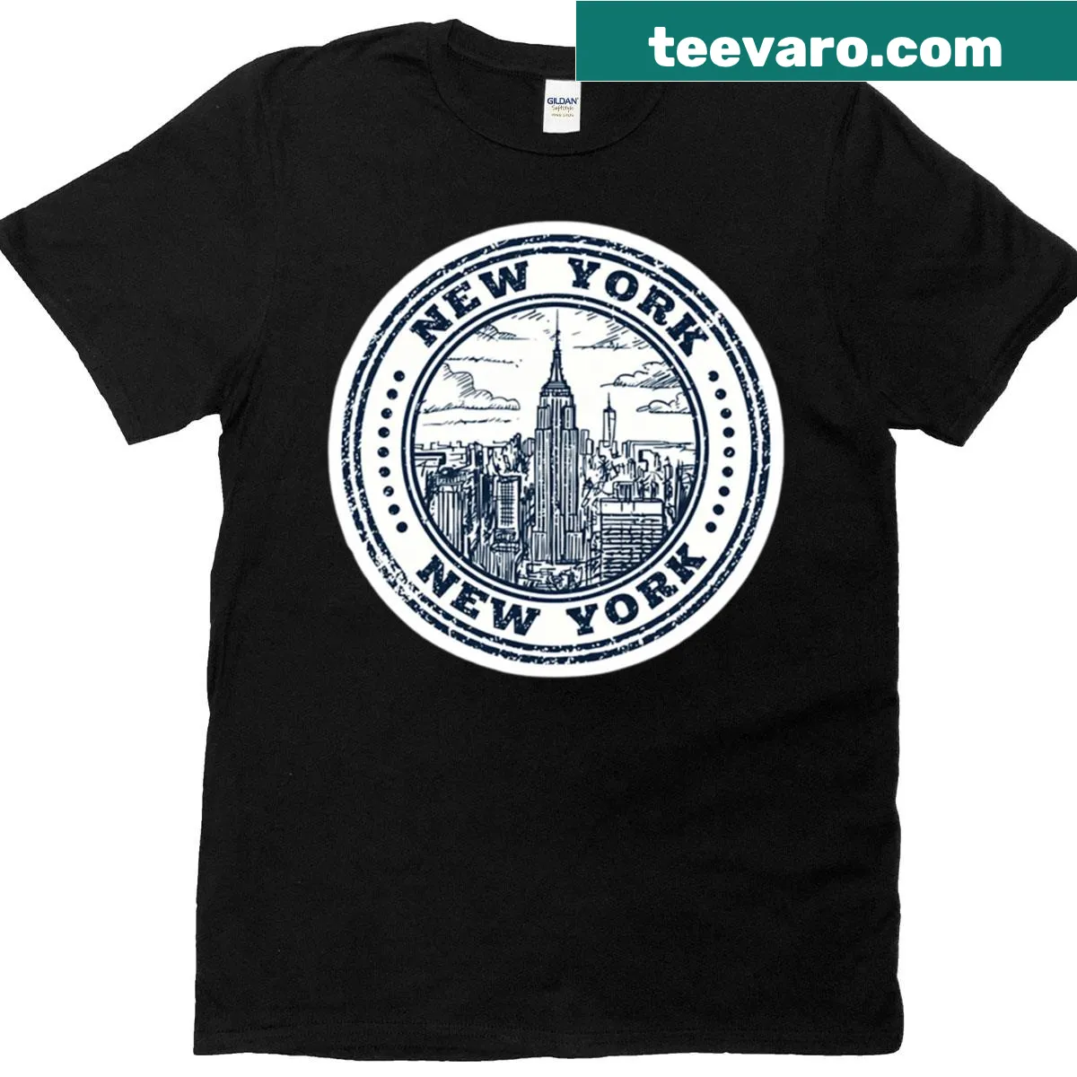 Vintage badge design featuring New York City skyline on a t-shirt. — on a men's t-shirt