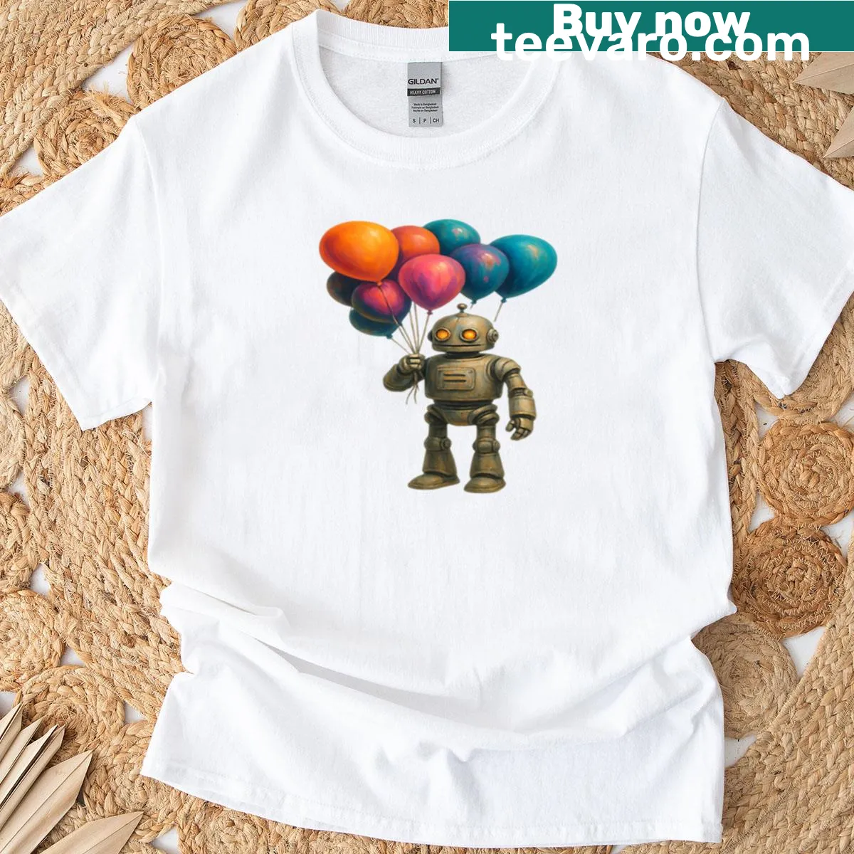 Vintage robot holding balloons in space graphic T-shirt — on a men's t-shirt