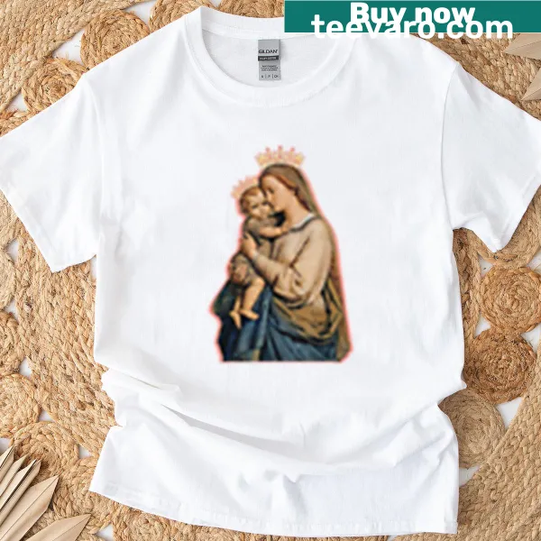 Illustrated Virgin Mary with Child design on T-shirt